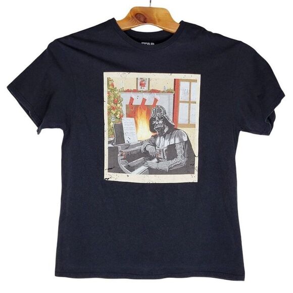 Star Wars Men's Holidays T-Shirt Size Large Black Darth Vader Piano Chistmas - Picture 1 of 6